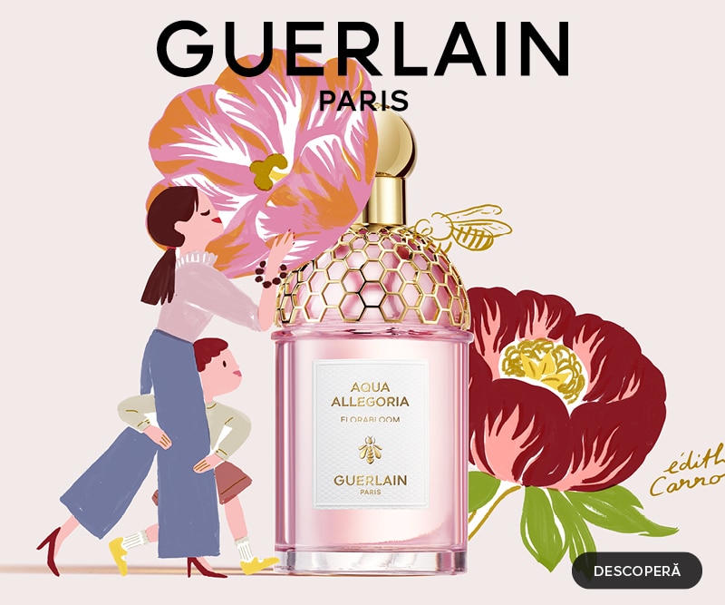 Parfum Guerlain Aqua Allegoria Florabloom, flacon roz cu detalii aurii, prezentat cu ilustrații florale și personaje stilizate.
